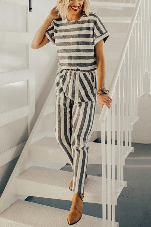 You Are My Sunshine White&Grey Stripe Jumpsuit