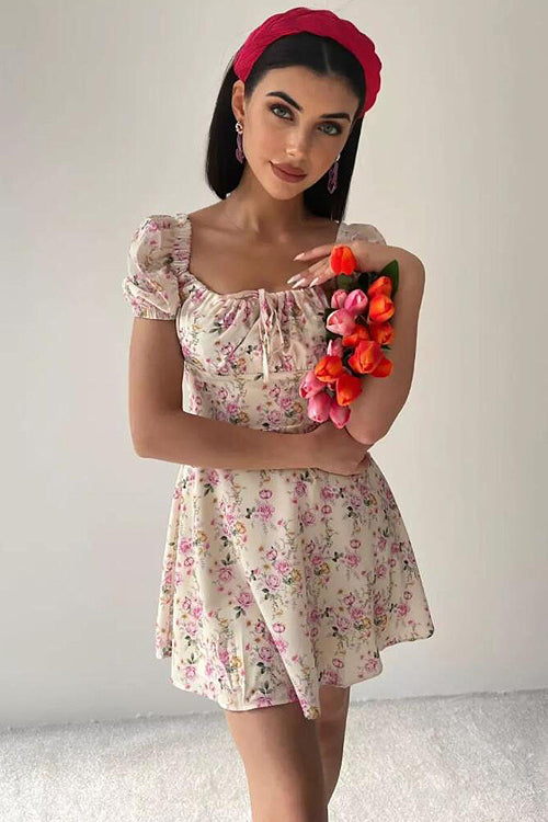 Floral Forever Puff Short Sleeve Printed Mini Dress - 3 Colors