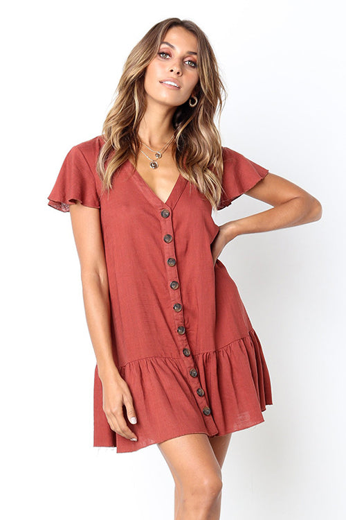 Button-up V-neck Ruffle Mini Dress - 4 Colors