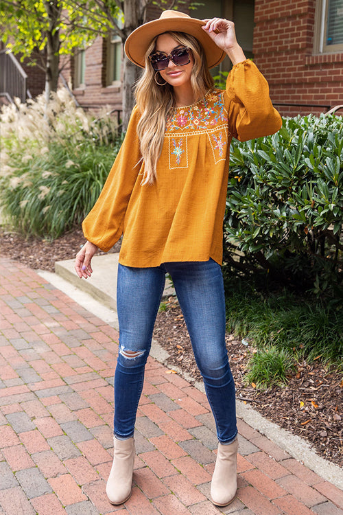 Spend The Day Yellow Boho Embroidery Top