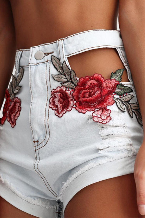 Floral Embroidered Hollow-out Denim Shorts