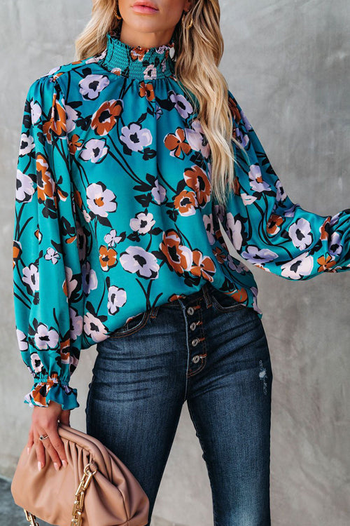 Best Mood Smocked Floral Print Long Sleeve Top