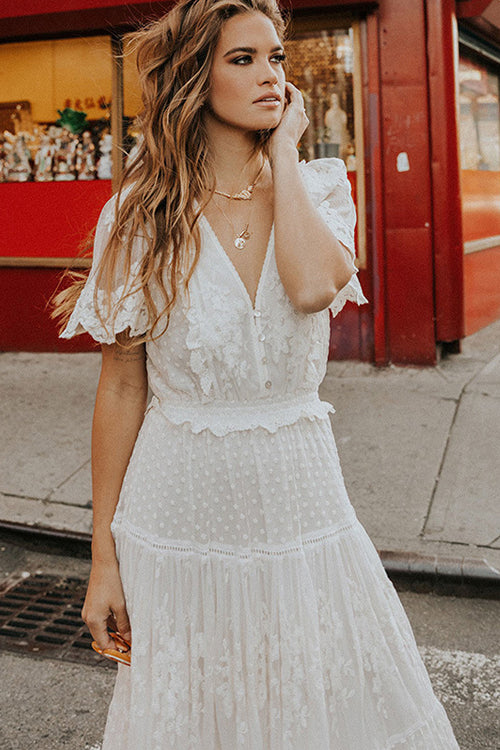 White Lace Short Sleeve Maxi Dress Wedding Romantic Gown For Women, S White Lace Short Sleeve Maxi Dress Wedding Romantic Gown For Women, S