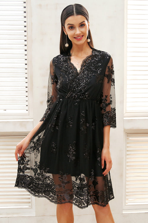 Sequin V-neck Half Sleeve Dress - 2 Colors