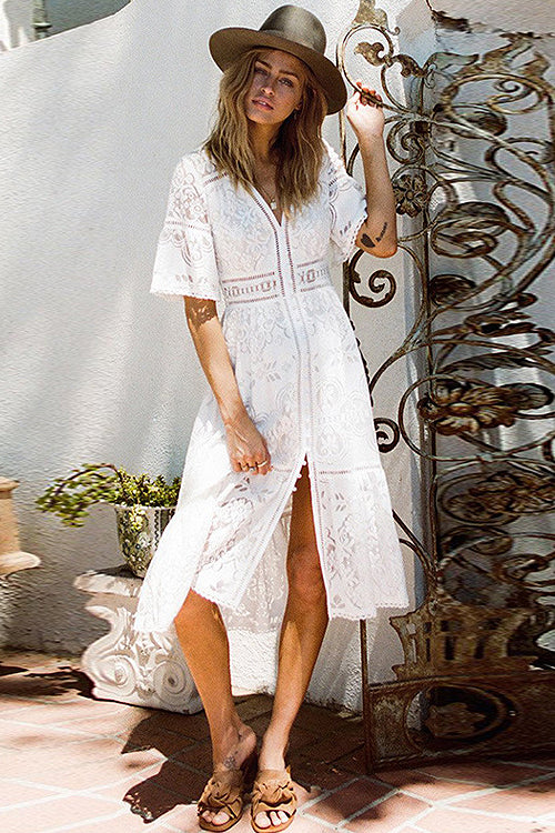 lace hollow dress Lace Hollow-out Button Midi Dress