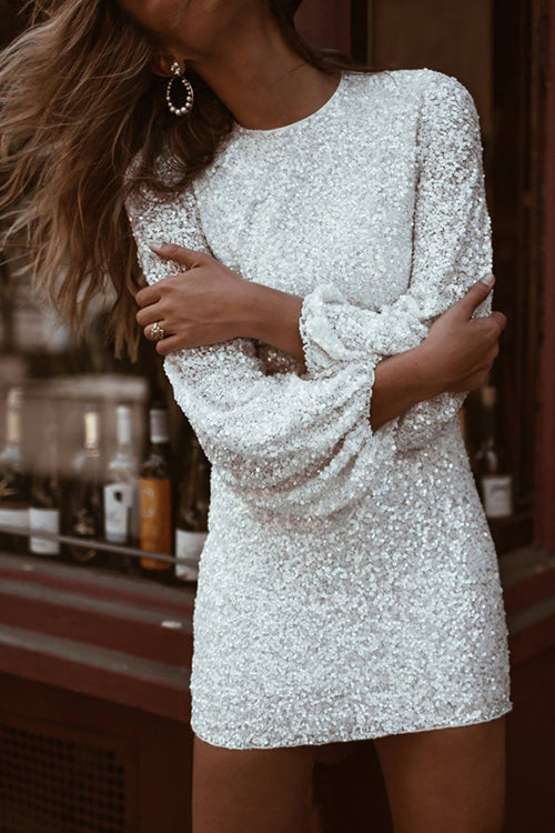 sequin balloon dress Women's Balloon Sleeve Sequin Fitted Night Out Mini Dress, Gold / 2XL
