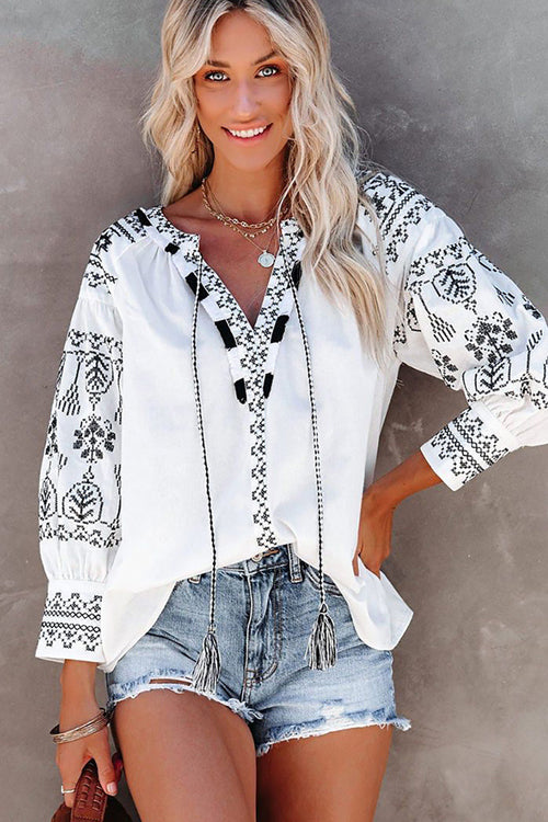 Make Your Day Boho Embroidery Long Sleeve Top
