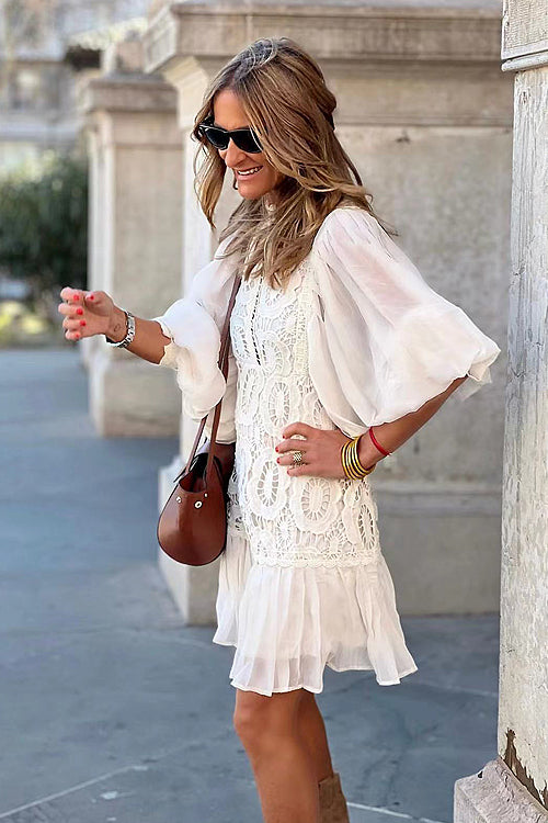Adorable Darling White Crochet Puff Sleeve Pleated Mini Dress
