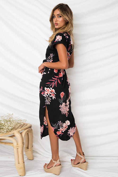 Split-neck Floral Print Midi Dress - 3 Colors