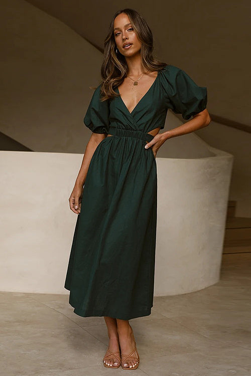 In Love Forever Puff Sleeve Cutout Midi Dress - 4 Colors