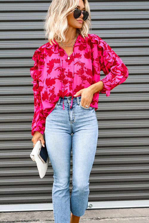 Always In Mind Pink Ruffled Print Long Sleeve Top