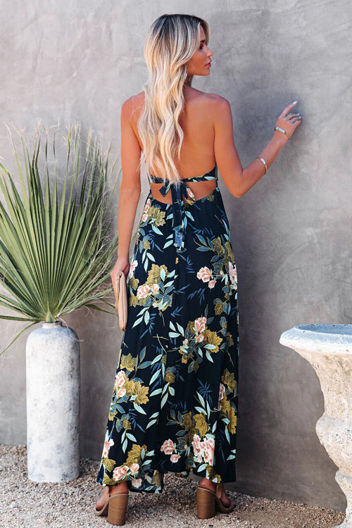 Stun And Only Print Backless High-Slit Maxi Dress