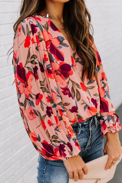 Peach Blossom Printed Pleated Long Sleeve Top