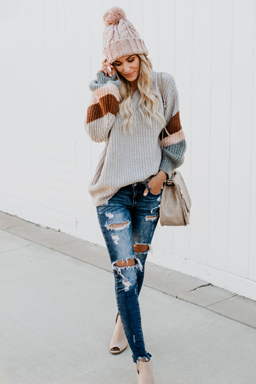 It's Chilly Out V-Neck Striped Knit Sweater