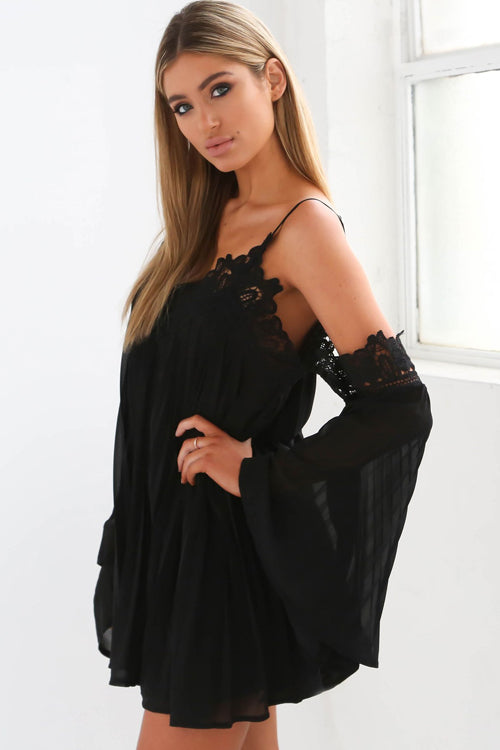 Lace Embroidered Cold Shoulder Pleated Dress - 2 Colors