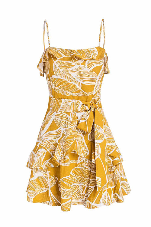 Leaves Print Ruffle-Up Mini Dress