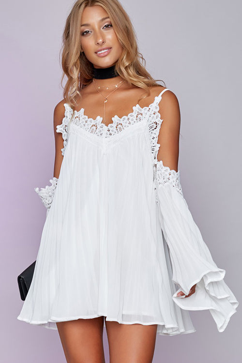 Lace Embroidered Cold Shoulder Pleated Dress - 2 Colors