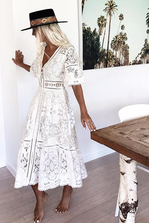 Lace Hollow-out Button Midi Dress