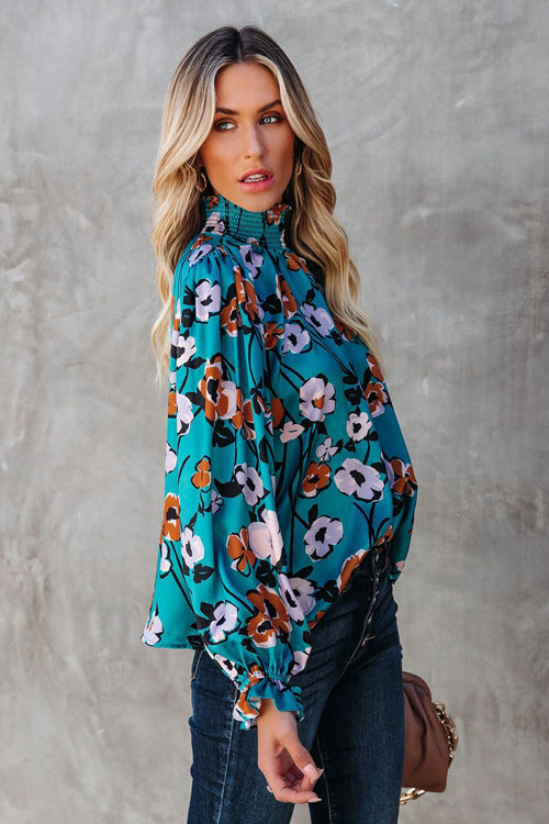 Best Mood Smocked Floral Print Long Sleeve Top