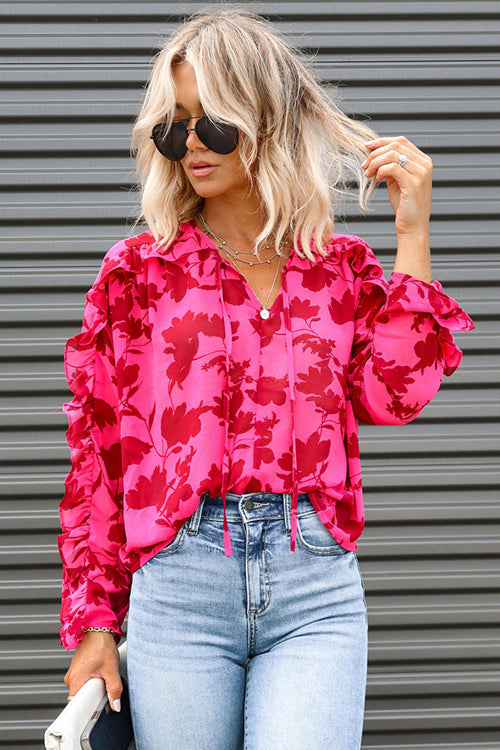 Always In Mind Pink Ruffled Print Long Sleeve Top