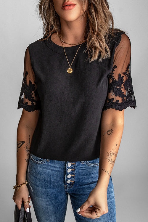 Try To Keep Up Lace Embroidered Short Sleeve Top - 4 Colors