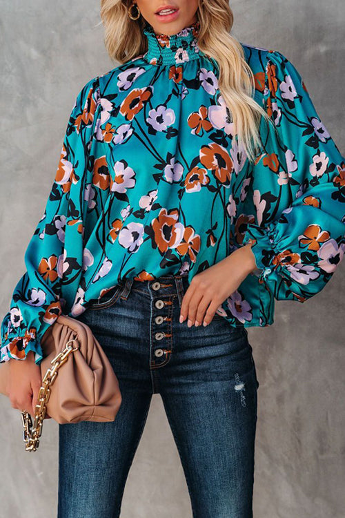 Best Mood Smocked Floral Print Long Sleeve Top