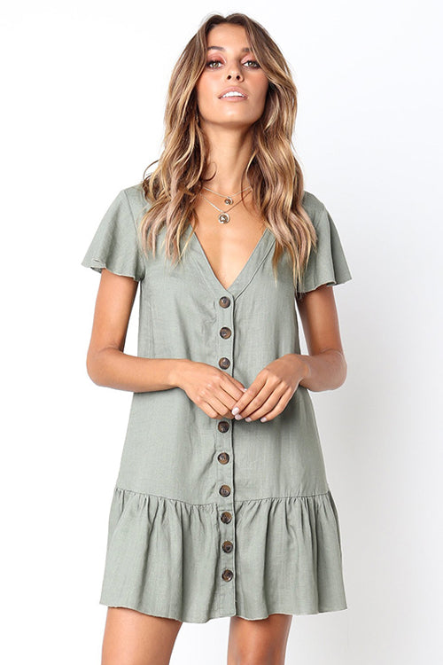 Button-up V-neck Ruffle Mini Dress - 4 Colors