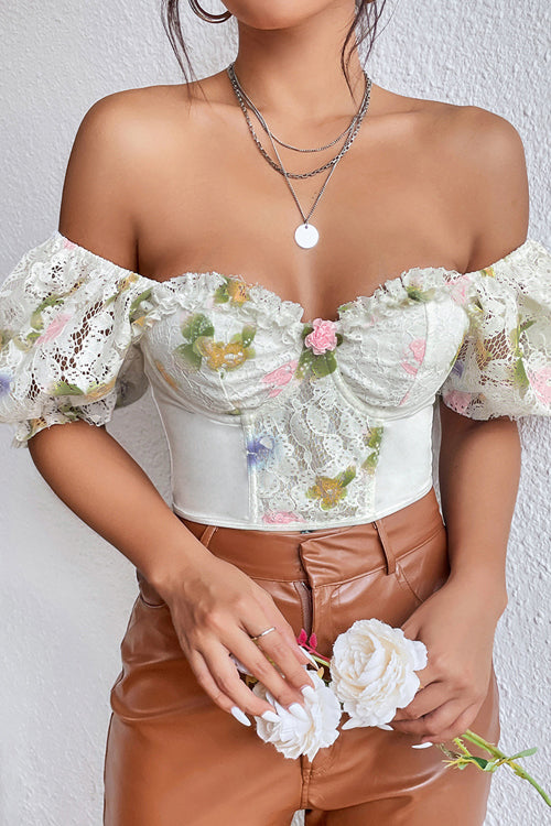 Take Time Vintage Flower Lace Puff Sleeve Crop Top