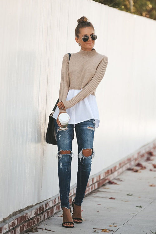 Double Layer High-Neck Knit Top - 2 Colors