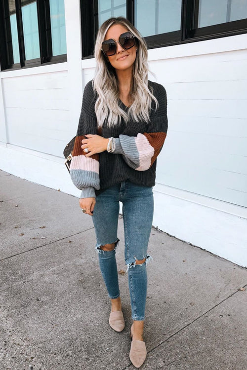 It's Chilly Out V-Neck Striped Knit Sweater