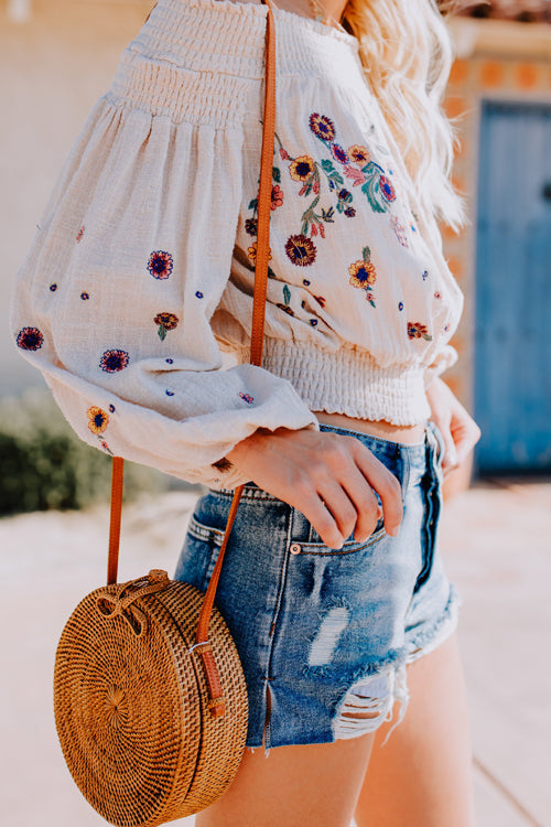 Countryside Lantern Sleeve Flower Embroidery Blouse