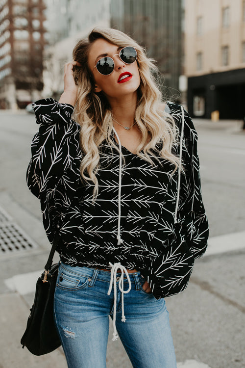 Ribbed Black Print Drawstring Top