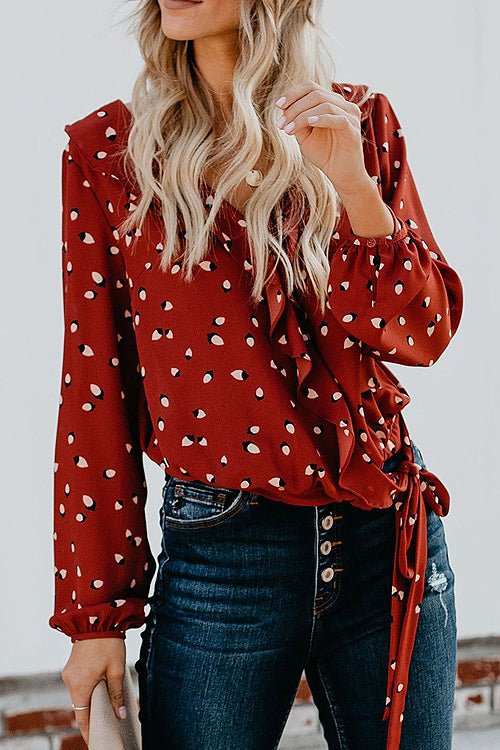 Christmas Red Print Dot Ruffle Up Shirt