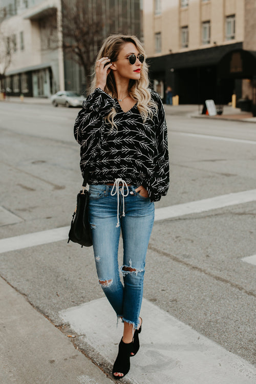 Ribbed Black Print Drawstring Top