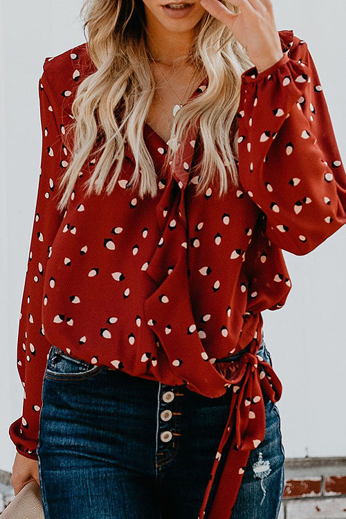 Christmas Red Print Dot Ruffle Up Shirt