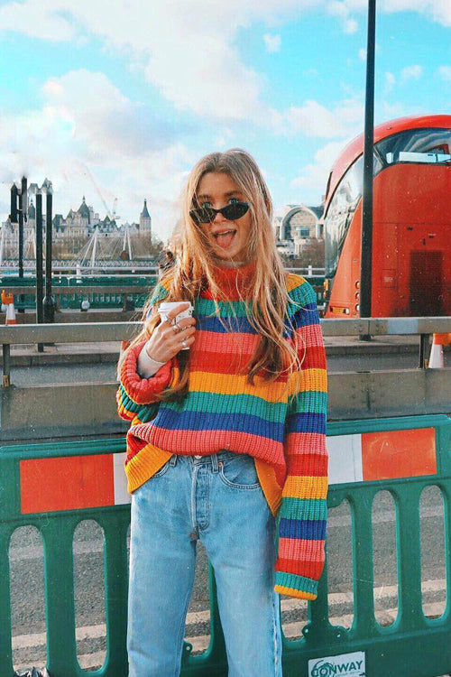 Travelling Light Rainbow Colorful High Neck Sweater