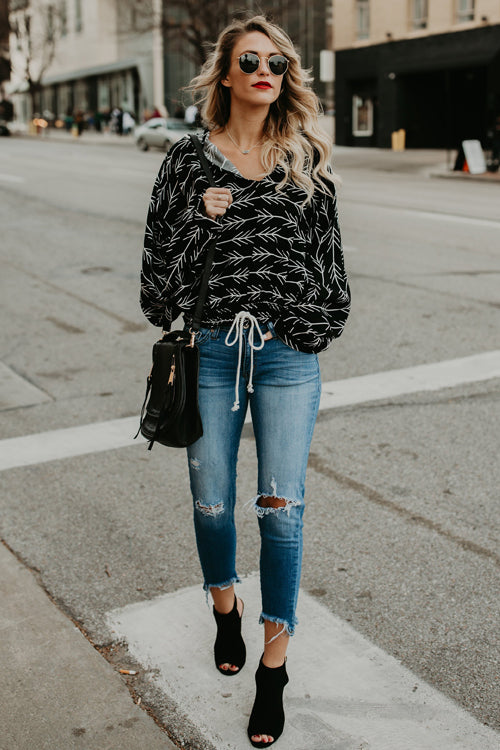 Ribbed Black Print Drawstring Top