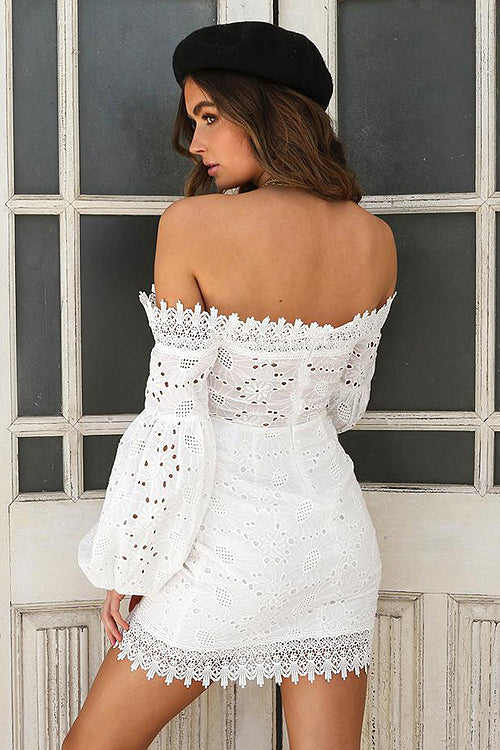 Love Swept White Lace Puff Sleeve Dress