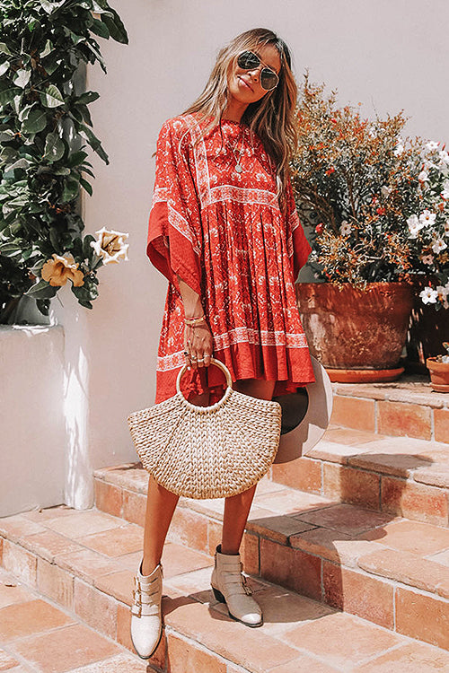 red boho mini dress Boho Summer Dress - Red Floral Mini Dress - Silk Blend Sundress for Vacation - Smocked Top - Lightweight Travel Dress